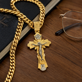 Gold-Plated Copper Crucifix Pendant with Jesus Christ and Religious Figures