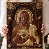 Our Lord Jesus Sacred Heart Wood Carving - Christian Catholic Personalized Carving Gift