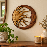 Hand-Carved Sun and Moon Wooden Wall Decor – Gold & Rustic Brown Celestial Wall Hanging