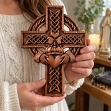 Hand-Carved Beechwood Celtic Claddagh Wall Cross – Irish Christian Faith Home Décor