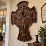 Hand-Carved Beechwood Archangel Michael Wall Cross – Quis Ut Deus Christian Home Decor