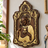 Saint Benedict & Sacred Heart of Jesus Handcrafted Beechwood Wall Plaque