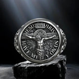 S925K Silver Jesus Crucifixion St. Benedict Medal Ring - BGCOPPER