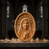 Our Lady in Tears and Prayer with a Nine-Star Halo — Hand-Carved Beechwood Statue for Christian home display and prayer spaces