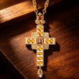 Orthodox Three-Bar Crown Gem Cross Pendant Necklace