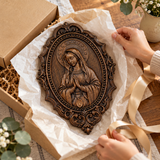 Hand-Carved Virgin Mary Prayer Wall Plaque – Ornate Beechwood Catholic Religious Decor,