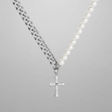 Cuban Chain Panel Pearl Cross Necklace