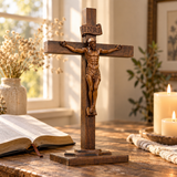 Hand-Carved Beechwood Crucifixion of Jesus Standing Cross – Christian Prayer & Home Altar Decor