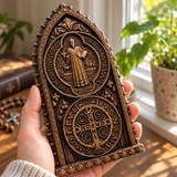 Hand-Carved Beechwood St. Benedict Medal Desktop Ornament