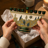 Jerusalem Skyline Hanukkah Menorah – Cloisonné Enamel Judaica Candle Holder