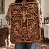 Lion of Judah Holy Cross – Hand-Carved Wooden Christian Wall Plaque
