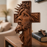 Jesus Crown of Thorns Beechwood Cross - gift presentation