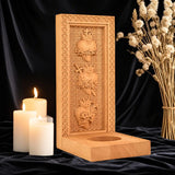 Holy Family Three Sacred Hearts Candlestick Wooden Carved Tabletop Arrangement - BGCOPPER