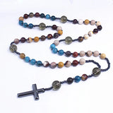 New African pine yellow tiger eye vintage natural stone long cross rosary necklace - BGCOPPER