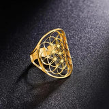 Cutout Flower of Life Mandala Ring for Women Sacred Geometry Ring Statement Stainless Steel Hollowed Out Adjustable Band Ring Jewelry - BGCOPPER