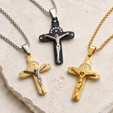 Crucifix Cross Necklace with Crystals, 316L Stainless Steel Religious Pendant for Men