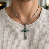 Vintage Green Stone Cross Pendant Necklace for Men