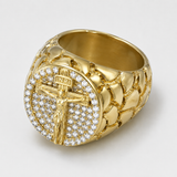 Jesus Crucifixion Gold Ring: Forging Faith with Steel - product view