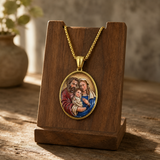 3D Raised Enamel Holy Family Oval Gold Stainless Steel Necklace
