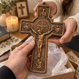 Hand-Carved Beechwood Saint Benedict Protection Crucifix – Christian Wall Cross