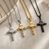 Crucifix Cross Necklace with Crystals, 316L Stainless Steel Religious Pendant for Men