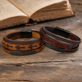Multi‑Layer Braided Cross Printed Men Leather Bracelet, Vintage PU Leather Magnetic Clasp Religious Wrist Jewelry