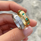 6mm Grooved Square Green CZ Rotatable Spinner Stainless Steel Ring