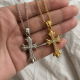 Full Inlaid CZ Gothic Fleur-de-lis Cross Stainless Steel Necklace