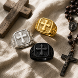 Triple Sides Embossed Cross Hammered Texture Stainless Steel Men’s Signet Ring