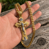 Gold-Plated Copper Crucifix Pendant with Jesus Christ and Religious Figures