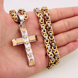 Regal Byzantine Chain Baguette Zircon Cross Pendant Necklace