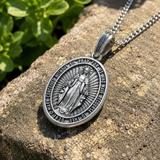 S925K Silver Miracle Medal English Version Inscription Necklace
