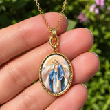 3D Enamel Our Lady of Grace Oval Necklace, Double Sided Tree of Life Stainless Steel Pendant
