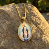 3D Raised Enamel Miraculous Virgin Mary Oval Gold Stainless Steel Necklace
