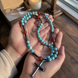 African Pine Tiger Eye Rosary Necklace - size and finish detail