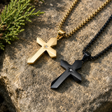 Faceted Eight Point North Star CZ Inlay Stainless Steel Cross Necklace