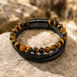Triple Strand Natural Tiger Eye & Lava Rock Braided Leather Men’s Bracelet