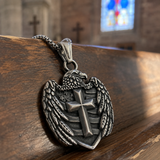 Eagle Cross Shield Pendant Necklace, Religious Faith Men’s Necklace