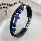 English Product Description for 21cm Stone Cross Leather Bracelet