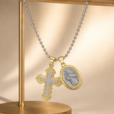Gold-Tone Copper Zircon Cross & Miraculous Medal Double Pendant Necklace – Christian Faith Jewelry
