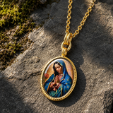 Our Lady of Guadalupe Gold-Tone Oval Pendant Necklace – Double-Sided Virgin Mary Christian Jewelry