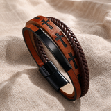 Multi‑Layer Braided Cross Printed Men Leather Bracelet, Vintage PU Leather Magnetic Clasp Religious Wrist Jewelry