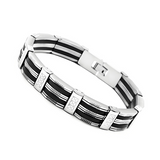 Men's Black‑Silver Striped Titanium Steel Bracelet, Geometric Textured Link Wristband, Rugged Business Men Jewelry