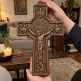 Hand-Carved Beechwood Saint Benedict Protection Crucifix – Christian Wall Cross