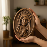 Our Lady in Tears and Prayer with a Nine-Star Halo — Hand-Carved Beechwood Statue