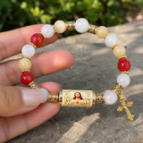 Chalcedony Cross Beaded Bracelet, Vintage Religious Printed Tube Bead Faith Jewelry for Women