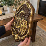 St. Michael Archangel Hand-Carved Wooden Wall Plaque – Sword & Shield of Divine Protection