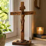 Hand-Carved Beechwood Crucifixion of Jesus Standing Cross – Christian Prayer & Home Altar Decor