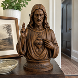 Hand-Carved Cypress Wood Sacred Heart of Jesus Statue – Christian Prayer & Home Devotional Decor