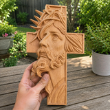 Hand-Carved Beechwood Jesus Crown of Thorns Cross – Christian Wall Art